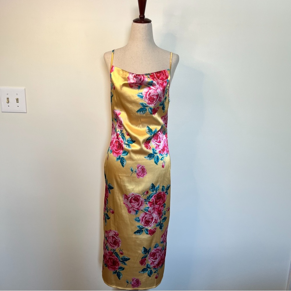 Yellow & Pink Floral Silky Satin cowl neck Midi Dress
